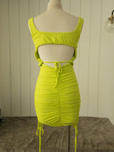 Load image into Gallery viewer, Neon lime ruched bodycon dress
